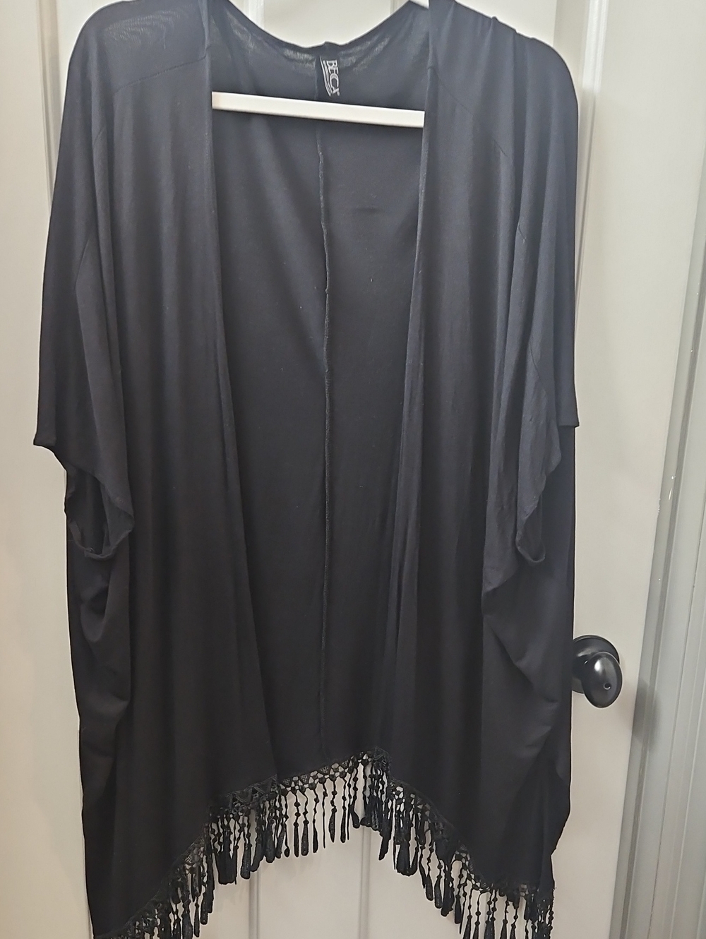 Black Fringe Open-Front Kimono Swim Cover Up